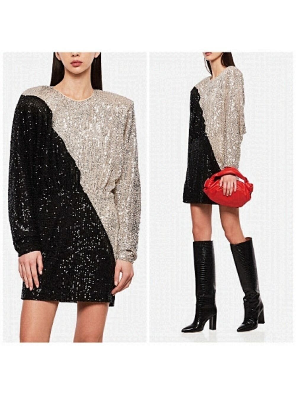 NEW ROTATE Birger Christensen Billie Sequin Long Sleeve Should Pad Mini Dress